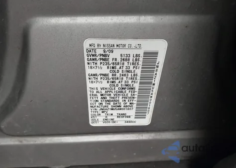 2010 Nissan Murano S z USA, uszkodzony, nr VIN JN8AZ1MU5AW001807